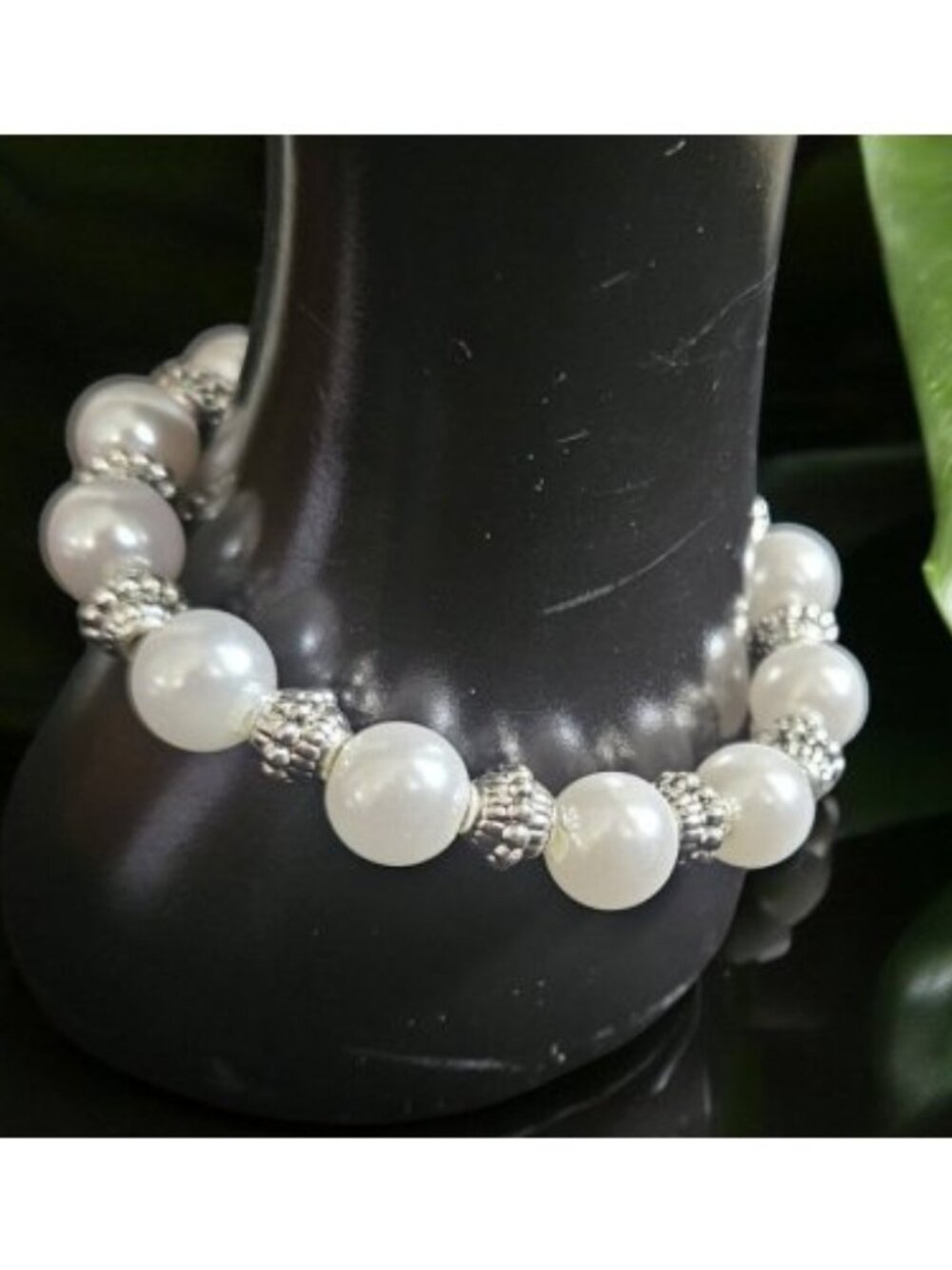 Handmade White Pearl and Silver Bali Style Bead Stretch Bracelet